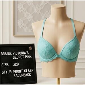 Victoria’s Secret PINK 32D Teal Green Aqua Blue Front Clasp Date Racerback Bra